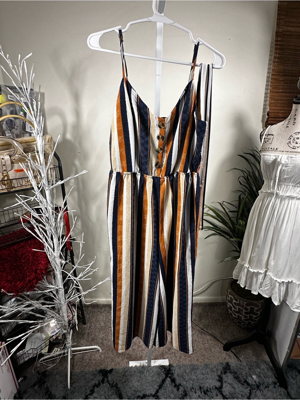 P76. J for Justify Striped Button-Front Jumpsuit in Navy, White & Brown size L